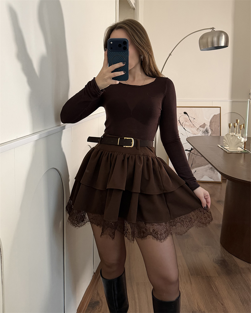 Astarlı Dantel Detaylı Kat Kat Kahverengi Mini Etek