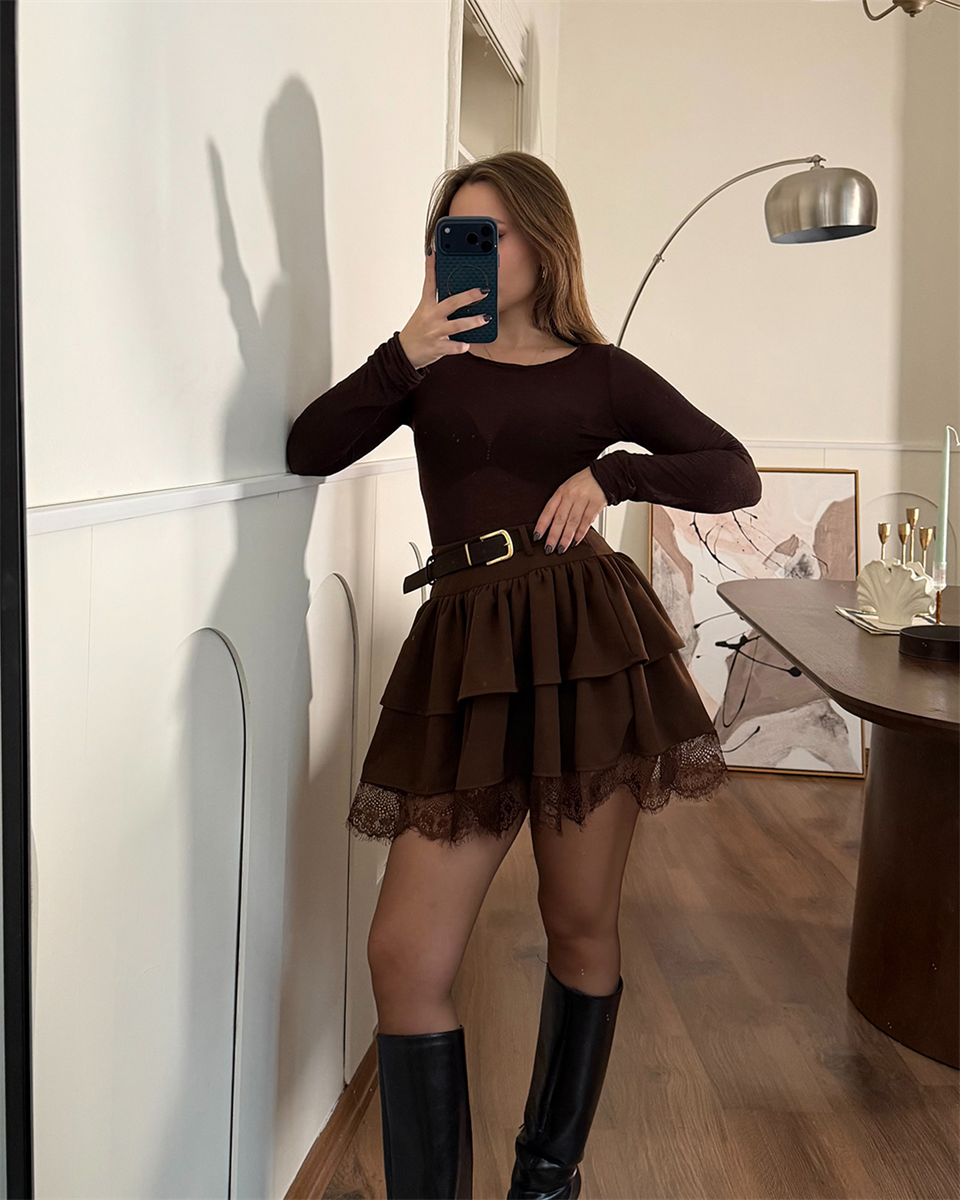 Astarlı Dantel Detaylı Kat Kat Kahverengi Mini Etek