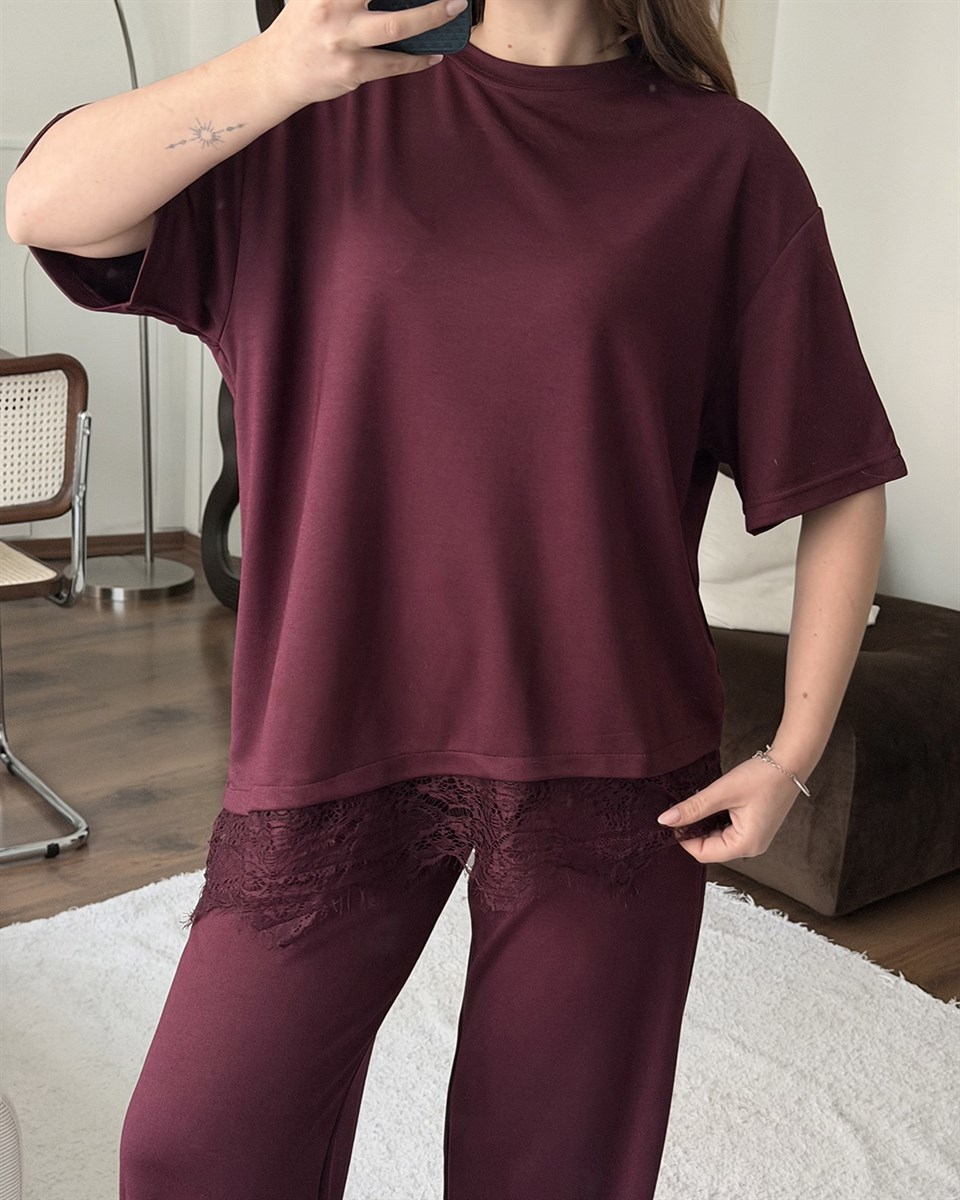 Dantel Detaylı Oversize Bordo Takım