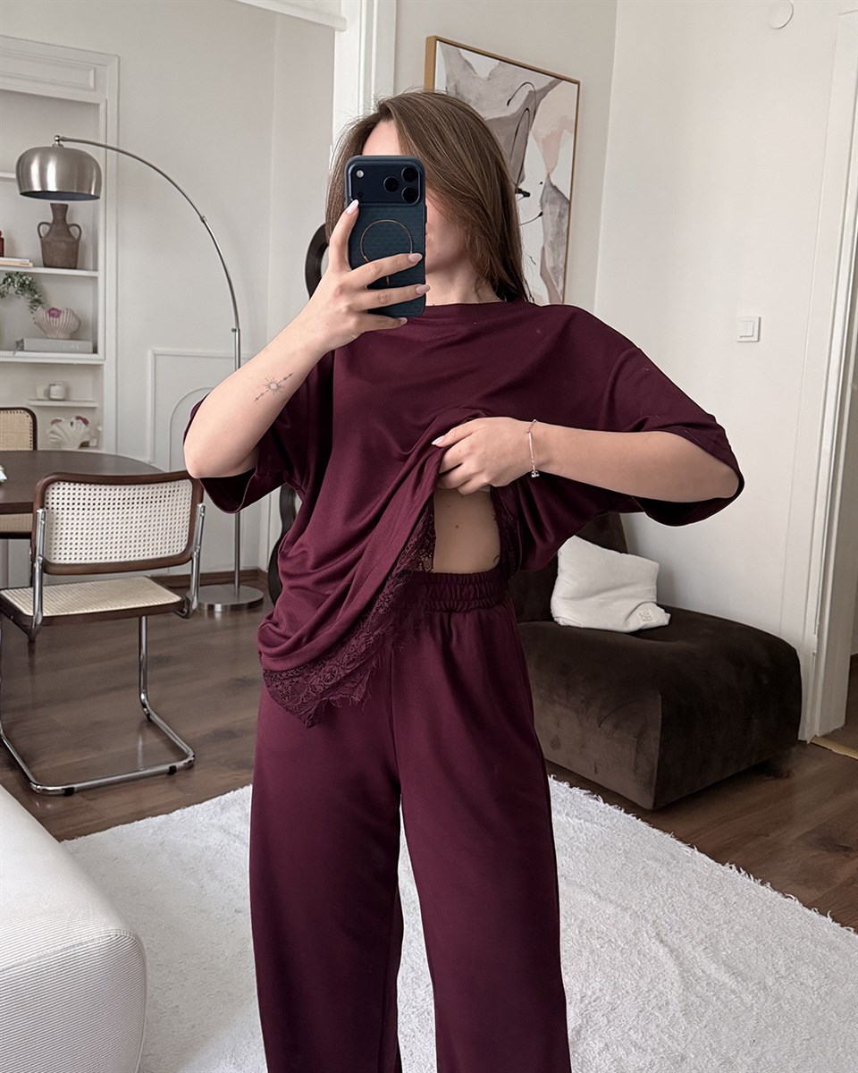 Dantel Detaylı Oversize Bordo Takım