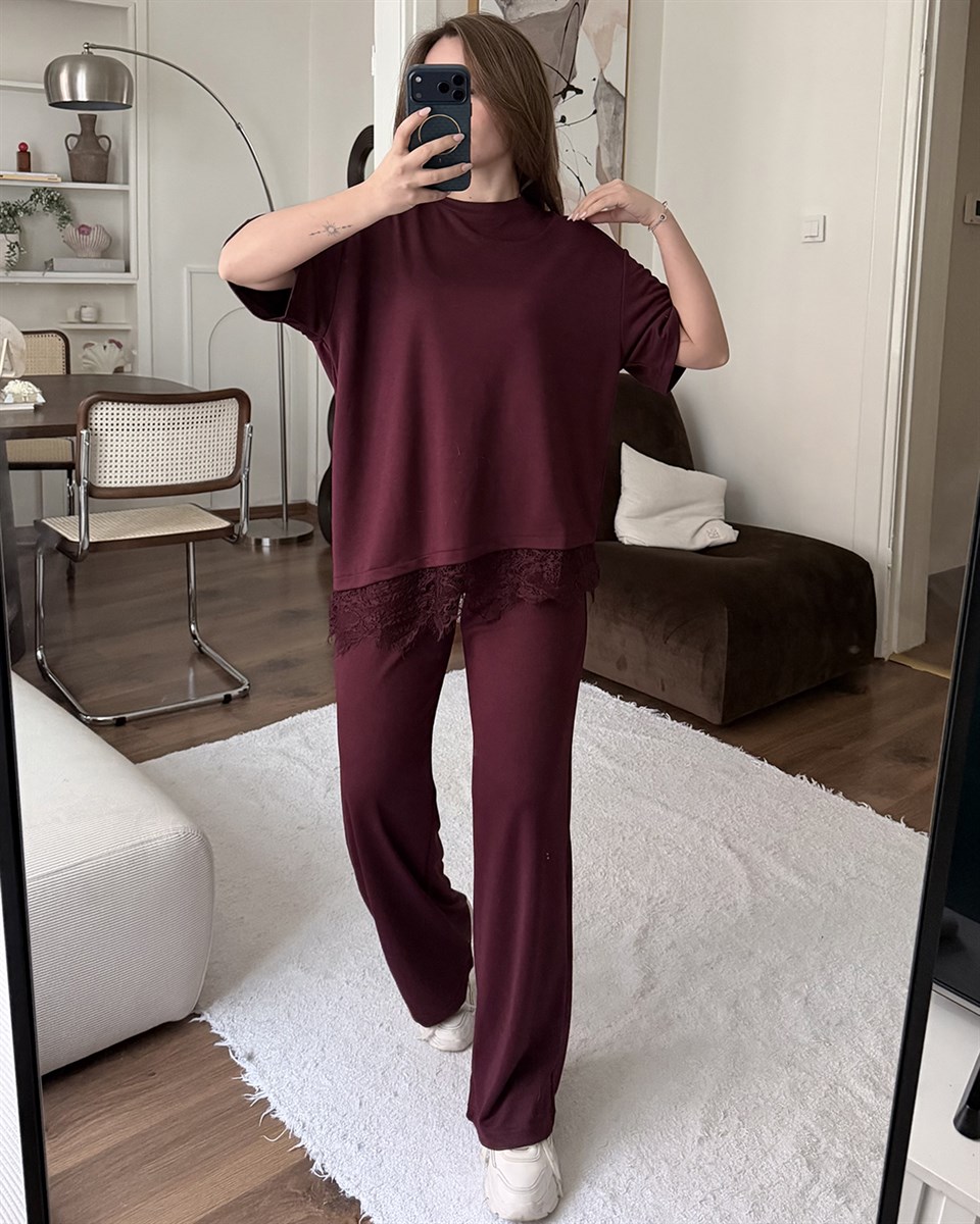 Dantel Detaylı Oversize Bordo Takım