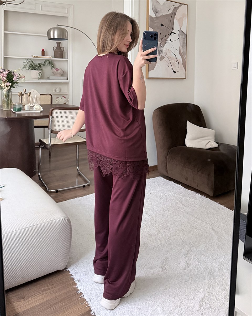 Dantel Detaylı Oversize Bordo Takım
