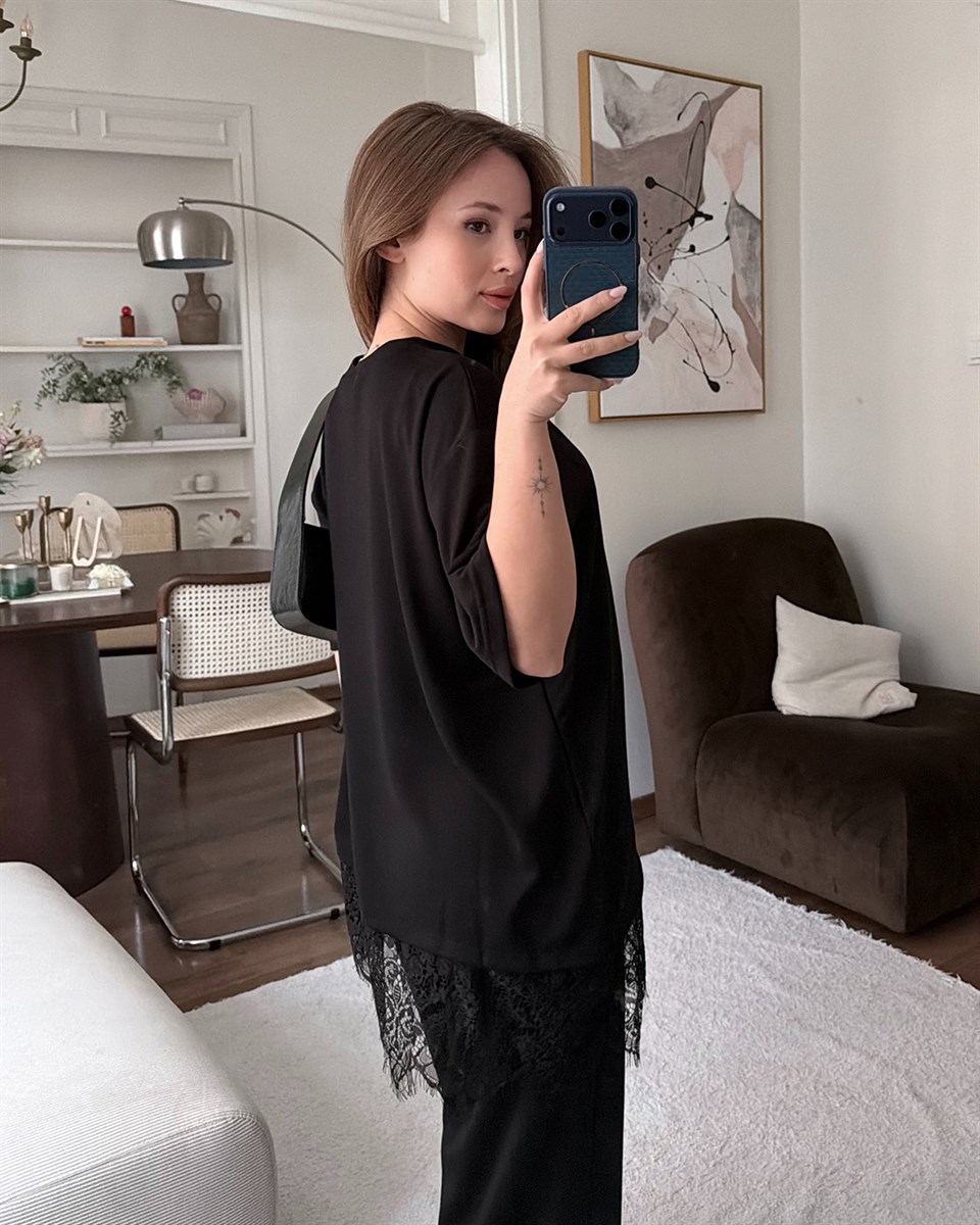Dantel Detaylı Oversize Siyah Takım