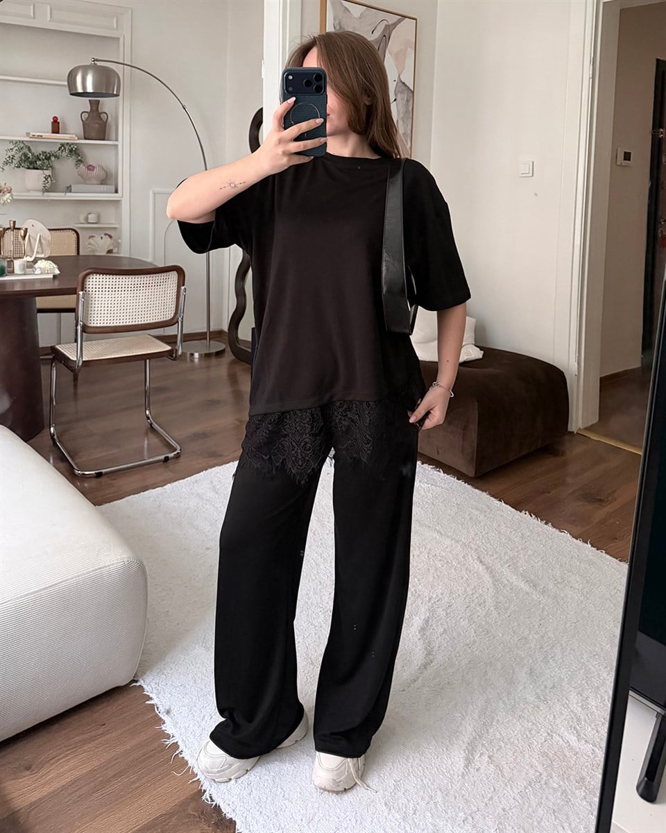 Dantel Detaylı Oversize Siyah Takım