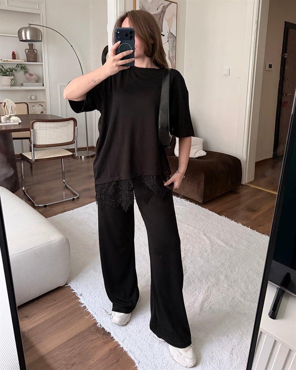 Dantel Detaylı Oversize Siyah Takım
