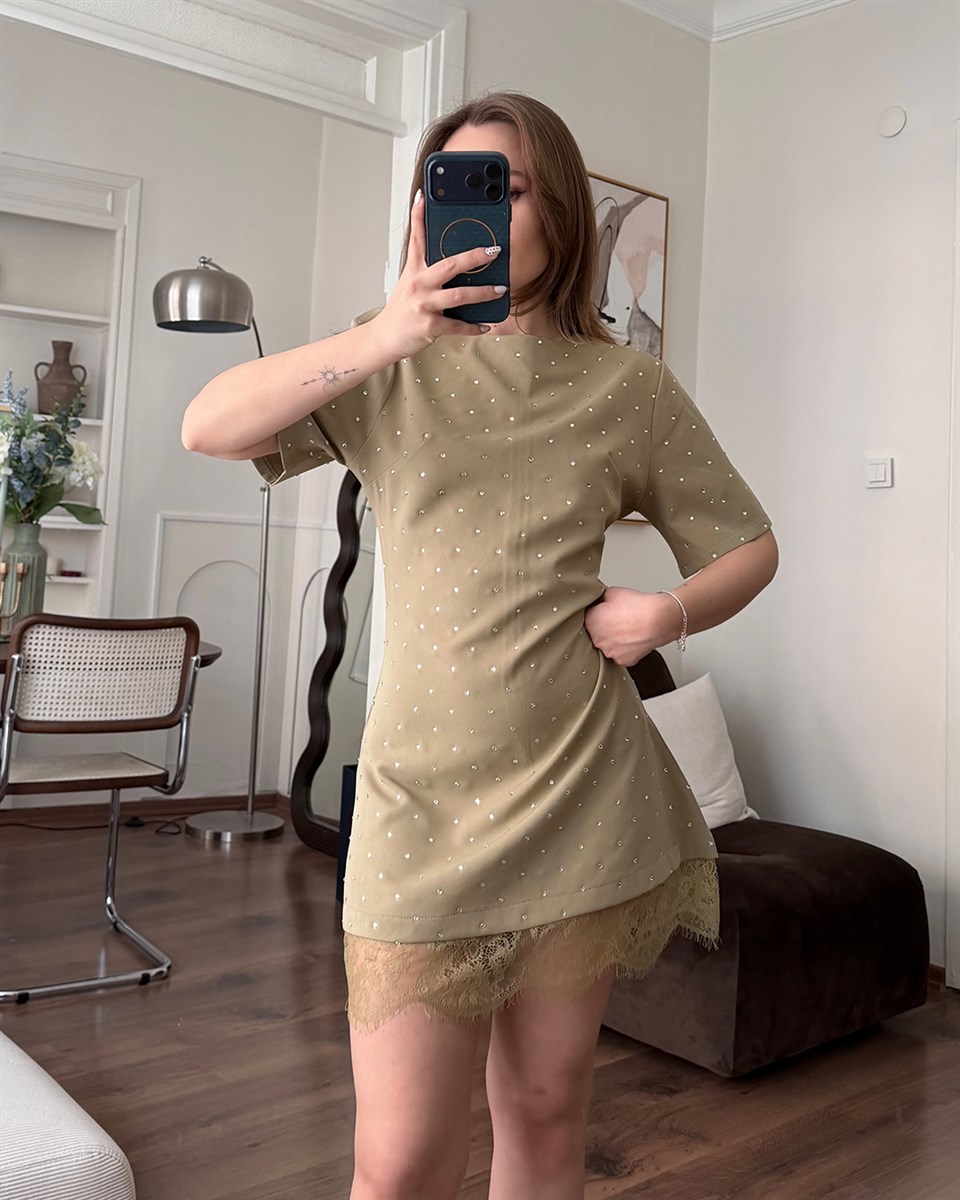 Dantelli Haki Taşlı Elbise