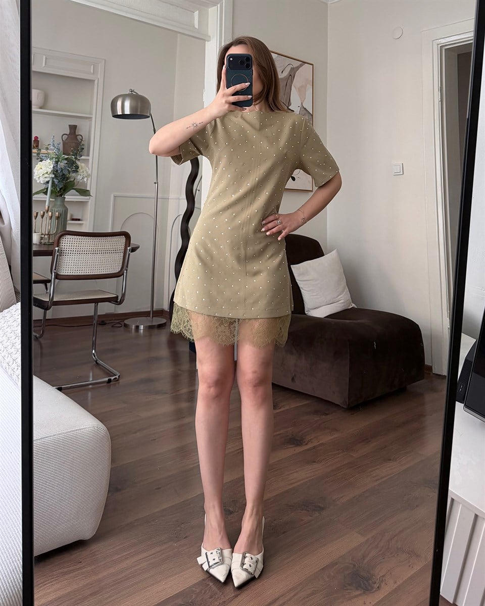 Dantelli Haki Taşlı Elbise