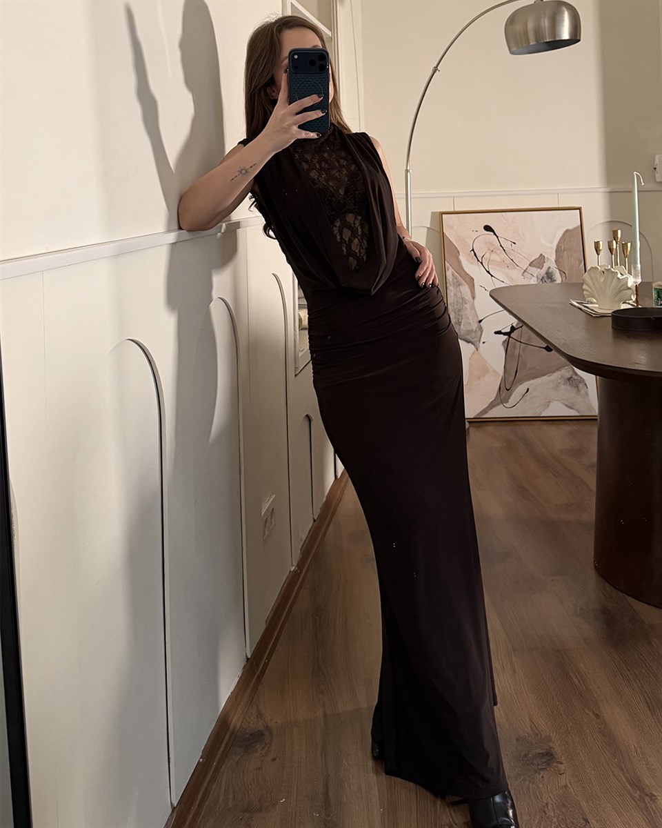 Dantelli Kahverengi Abiye Elbise