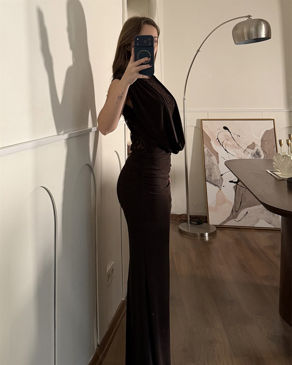 Dantelli Kahverengi Abiye Elbise