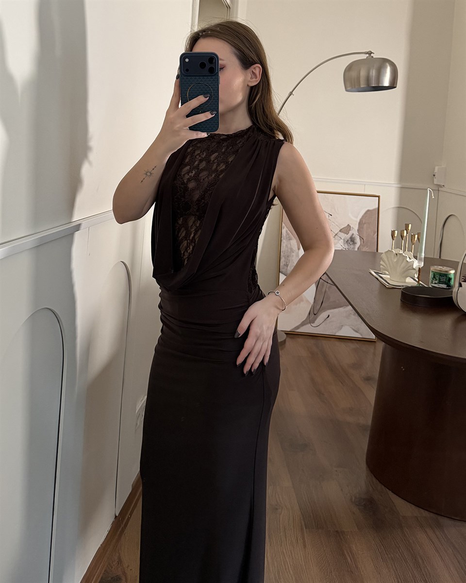 Dantelli Kahverengi Abiye Elbise