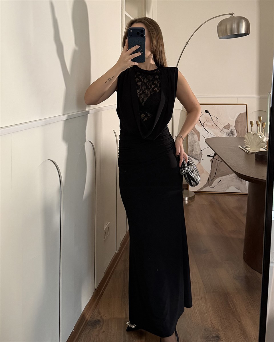 Dantelli Siyah Abiye Elbise