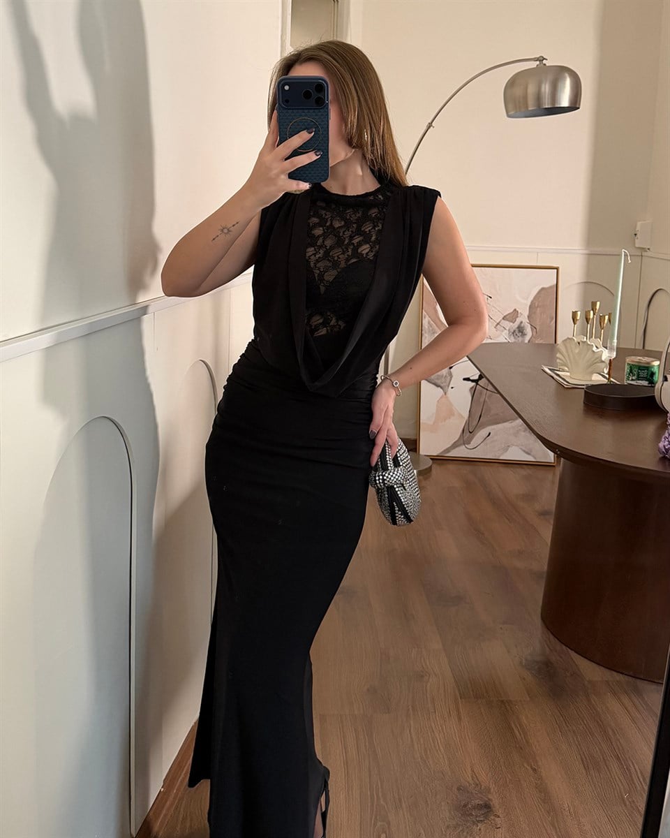 Dantelli Siyah Abiye Elbise