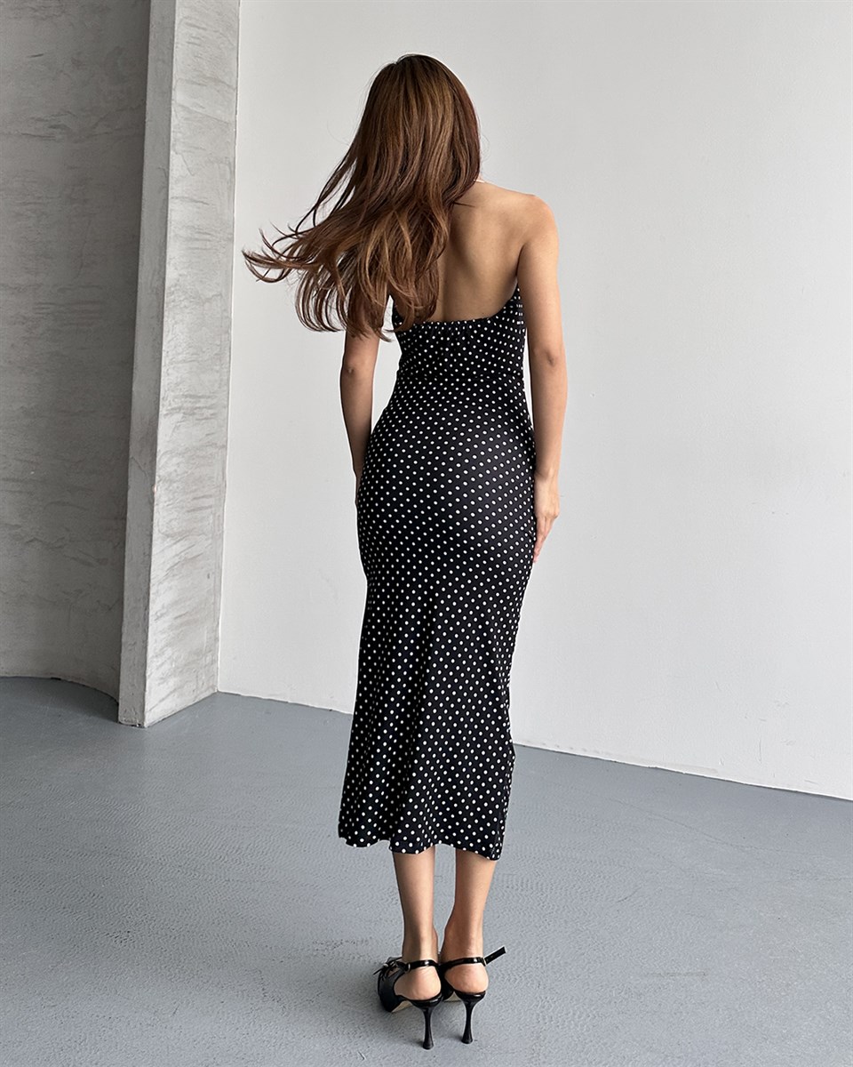 Degaje Yaka Puantiyeli Siyah Midi Elbise