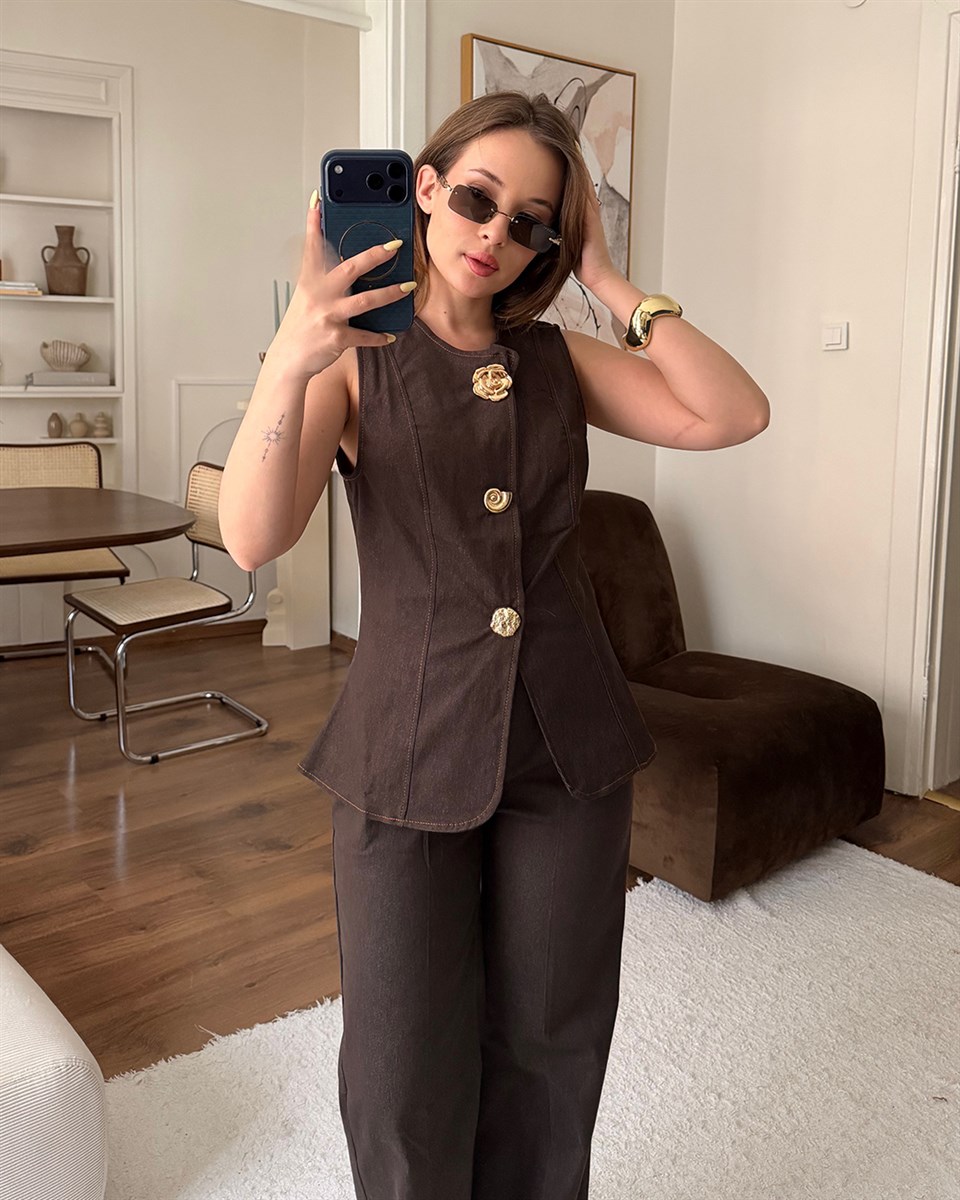 Denim Görünümlü Kahverengi Yelek Takım