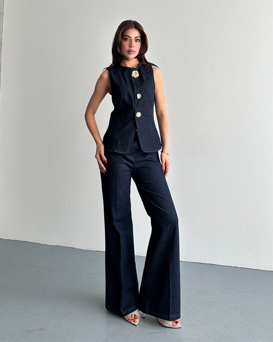 Denim Görünümlü Lacivert Yelek Takım