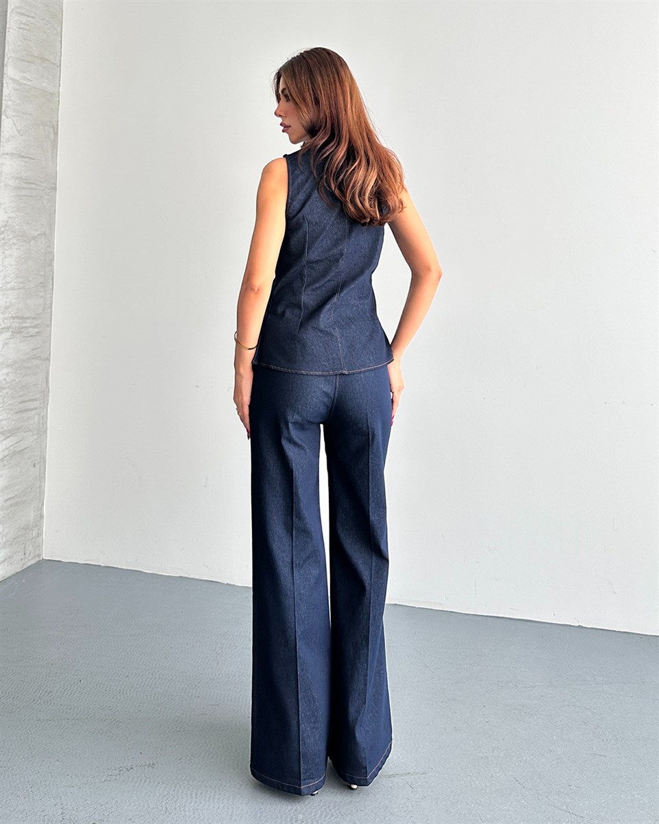 Denim Görünümlü Lacivert Yelek Takım
