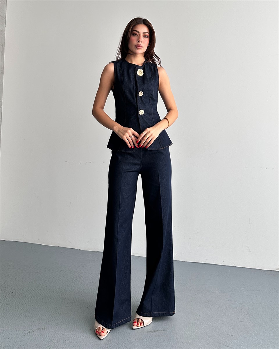 Denim Görünümlü Lacivert Yelek Takım