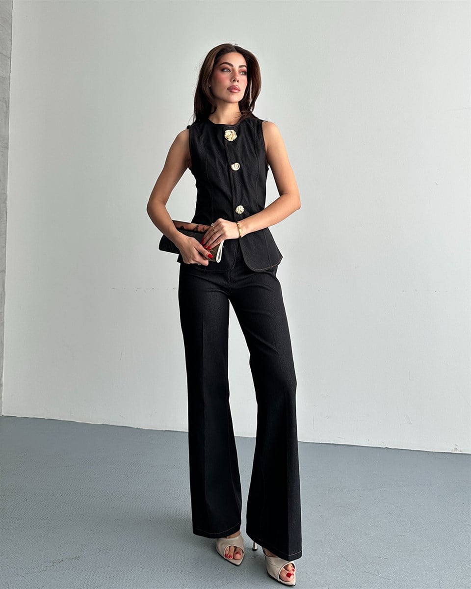 Denim Görünümlü Siyah Yelek Takım