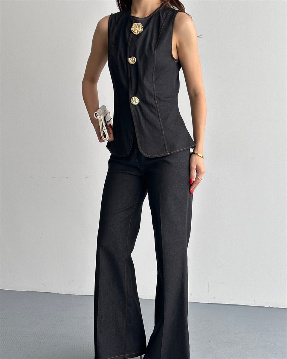 Denim Görünümlü Siyah Yelek Takım