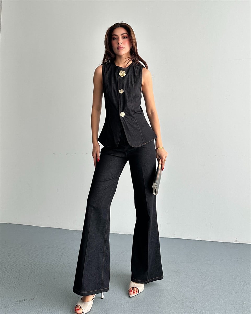 Denim Görünümlü Siyah Yelek Takım