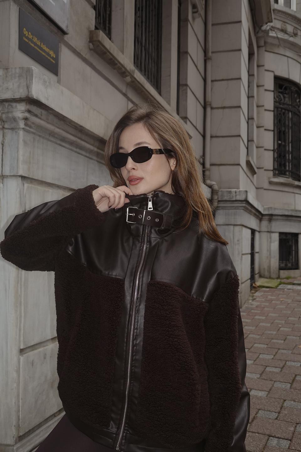 Deri Garnili Kahverengi Peluş Mont