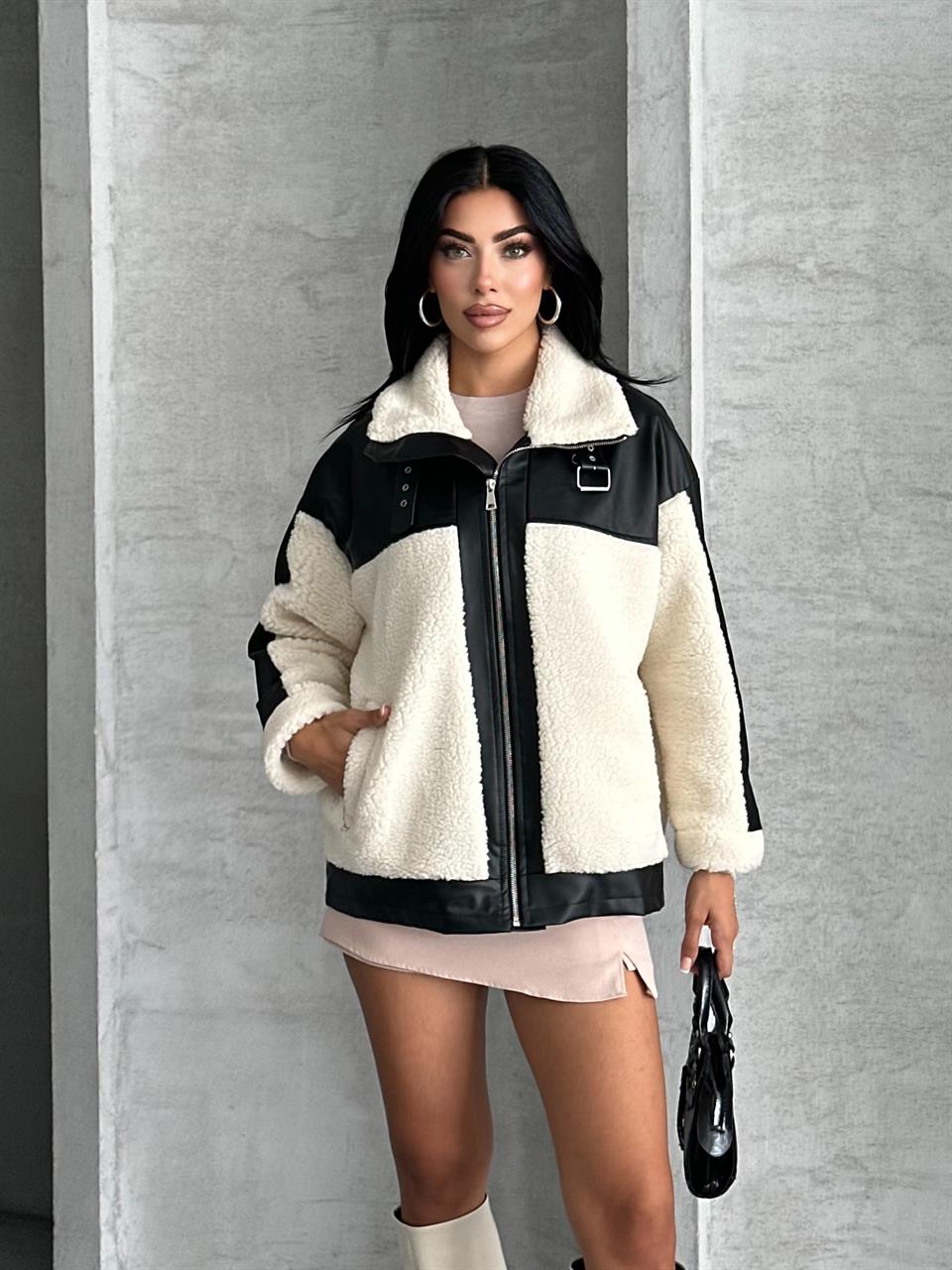 Deri Garnili Peluş Mont