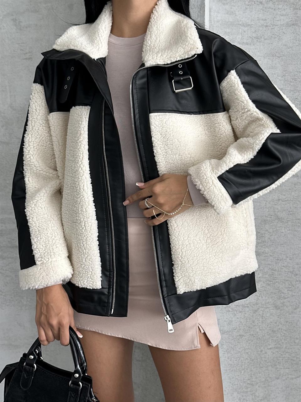 Deri Garnili Peluş Mont