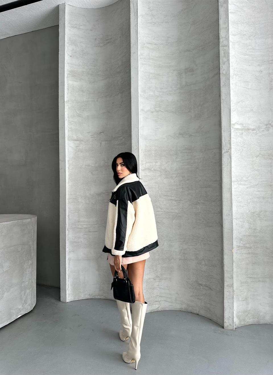 Deri Garnili Peluş Mont