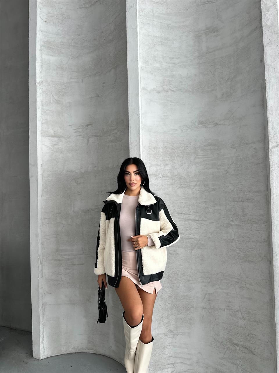 Deri Garnili Peluş Mont