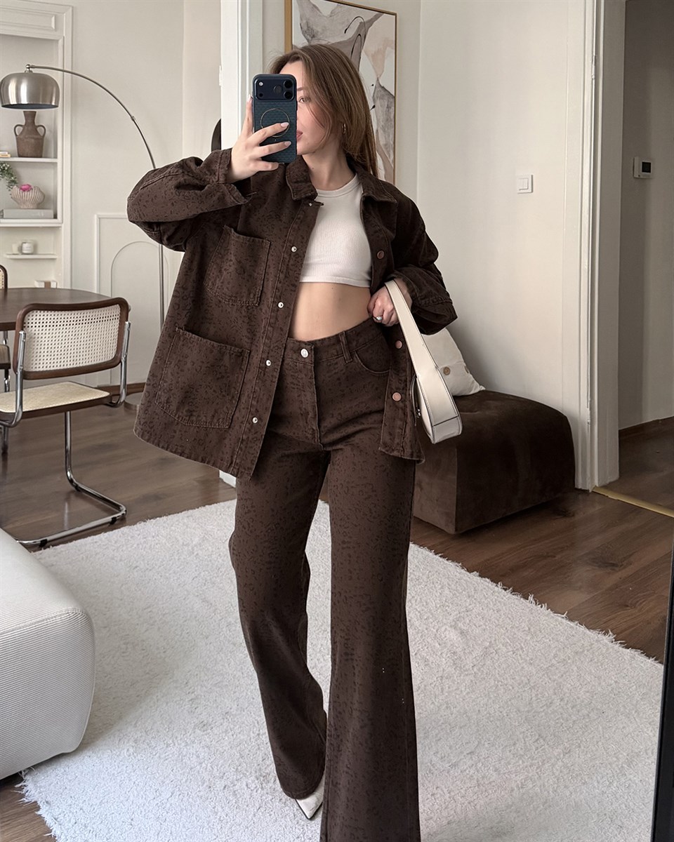 Desenli Kahverengi Gabardin Takım