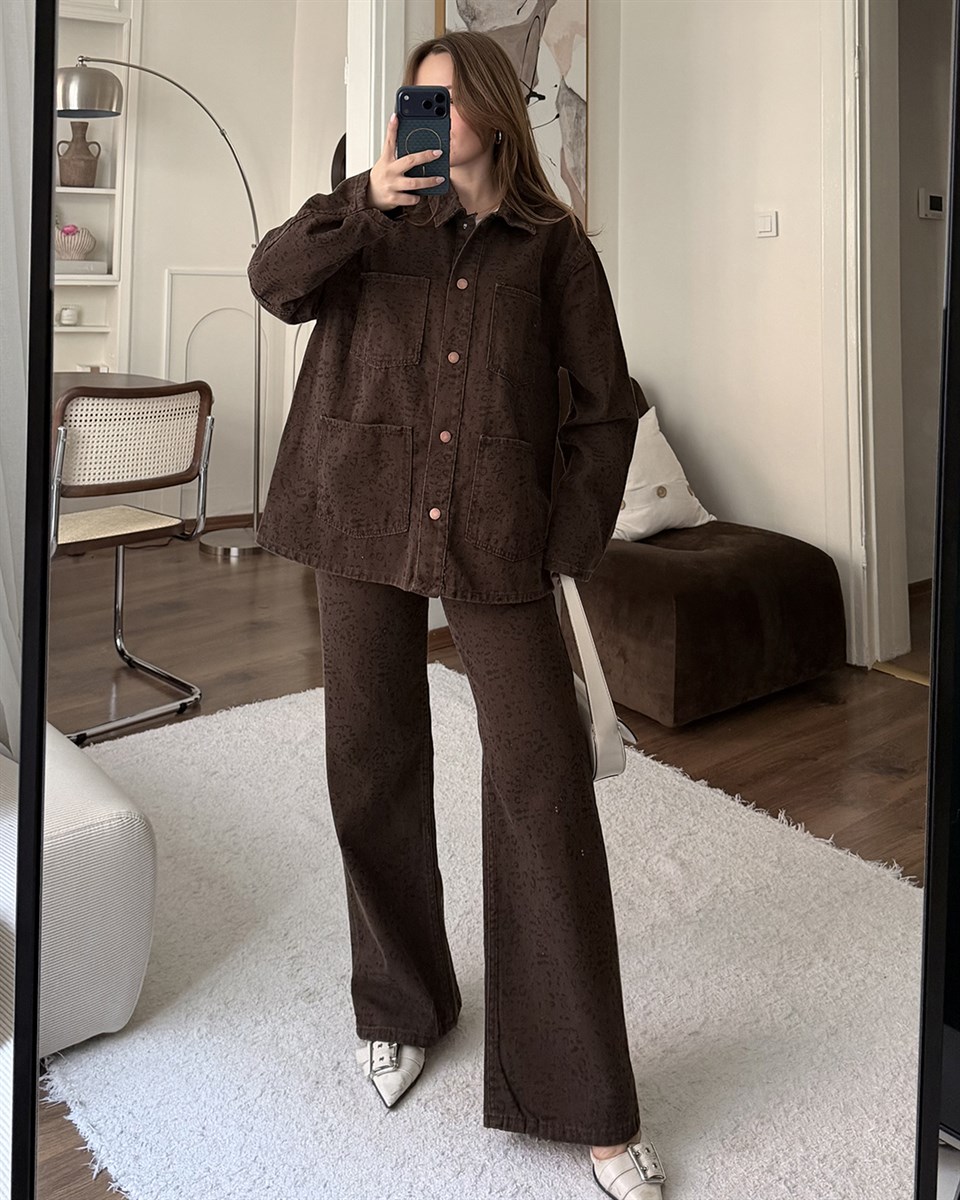 Desenli Kahverengi Gabardin Takım