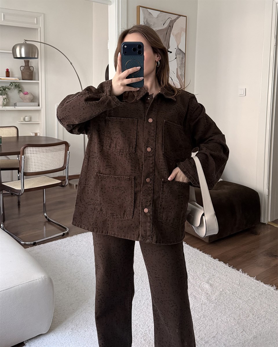 Desenli Kahverengi Gabardin Takım