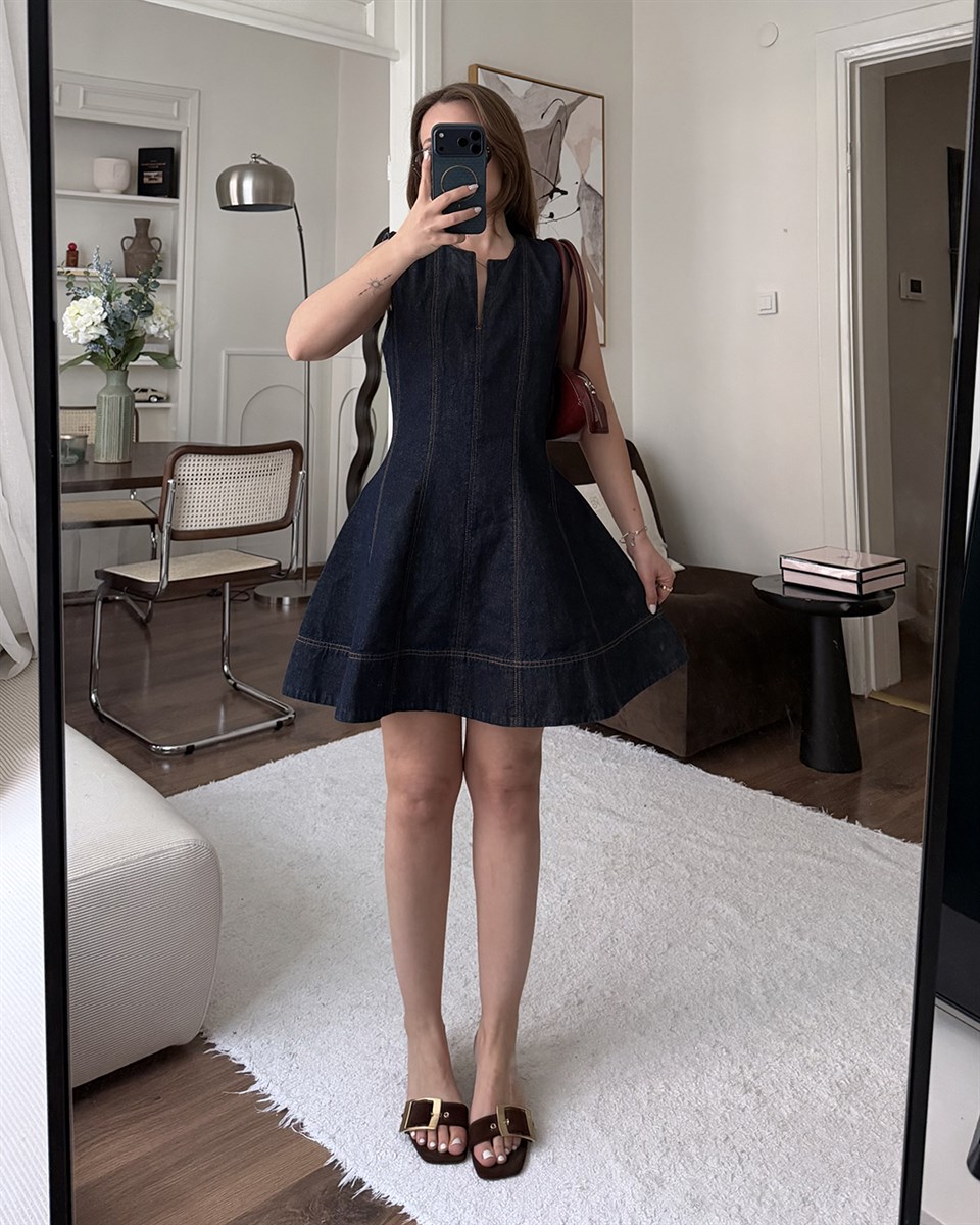 Dikiş Detaylı Lacivert Denim Elbise