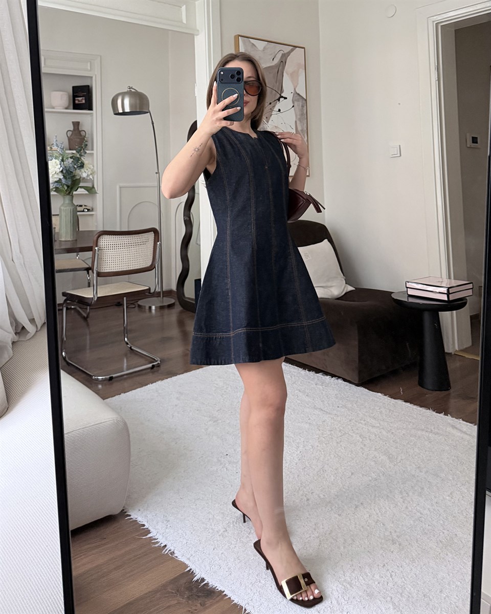Dikiş Detaylı Lacivert Denim Elbise