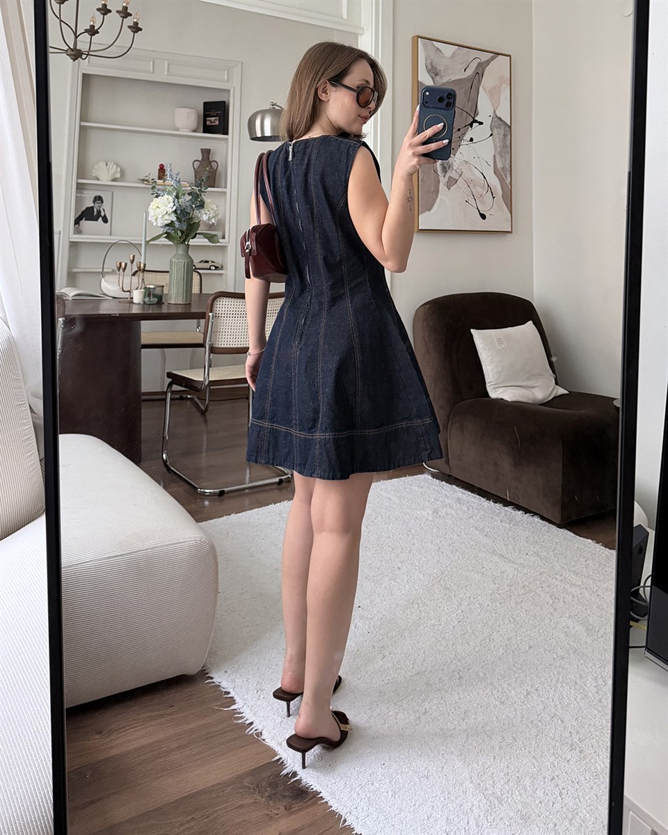 Dikiş Detaylı Lacivert Denim Elbise