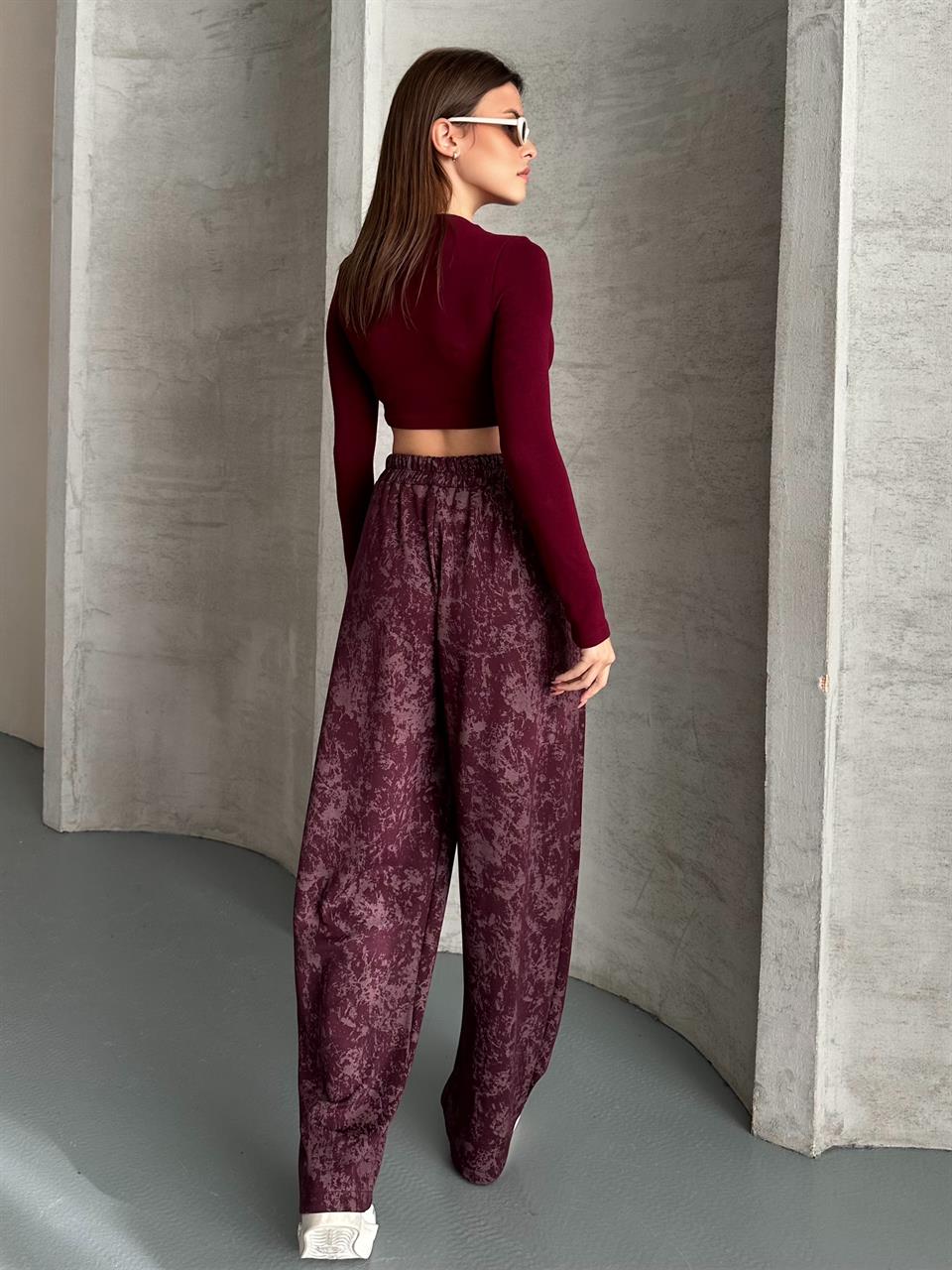 Dökümlü Geniş Bordo Şalvar Pantolon