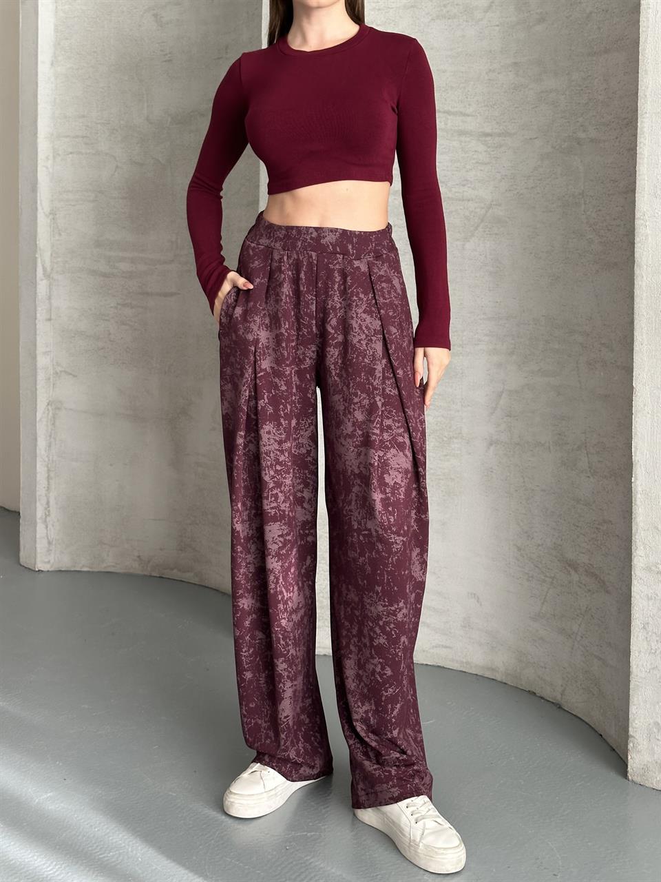 Dökümlü Geniş Bordo Şalvar Pantolon