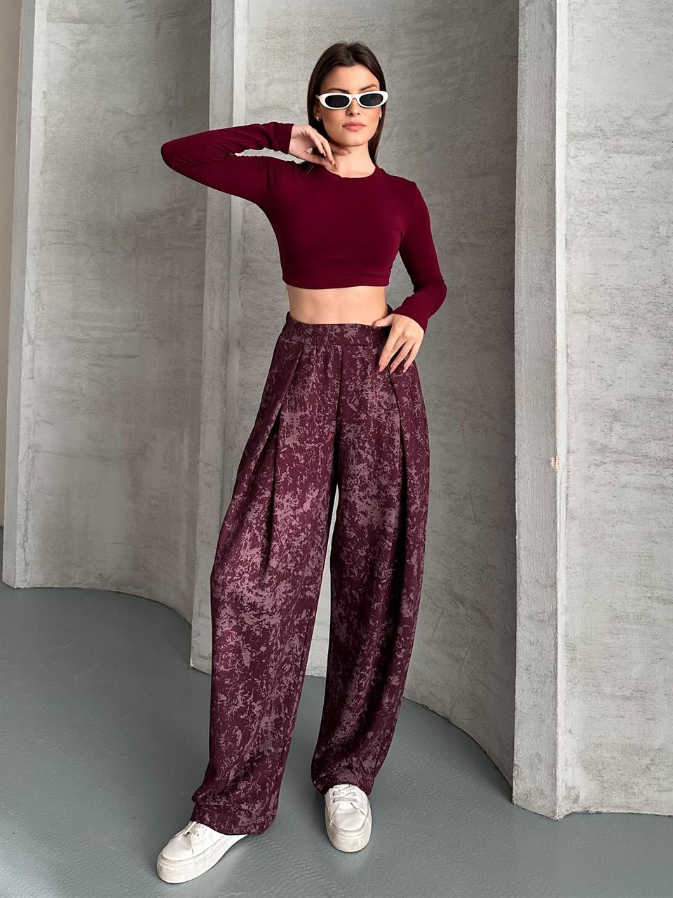 Dökümlü Geniş Bordo Şalvar Pantolon