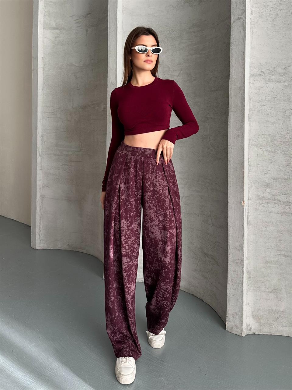 Dökümlü Geniş Bordo Şalvar Pantolon