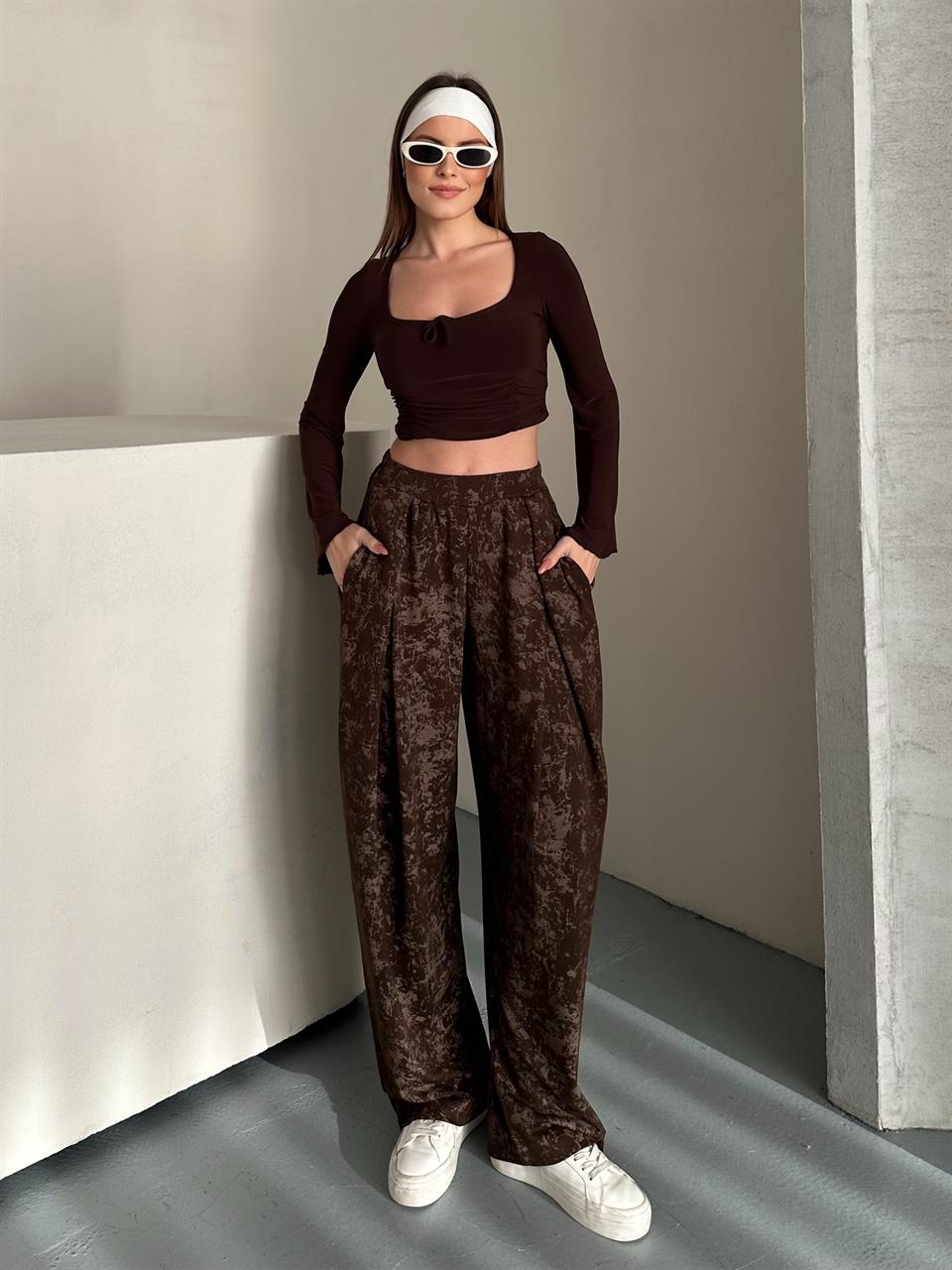 Dökümlü Geniş Kahverengi Şalvar Pantolon