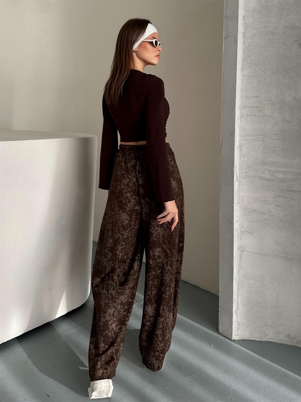 Dökümlü Geniş Kahverengi Şalvar Pantolon