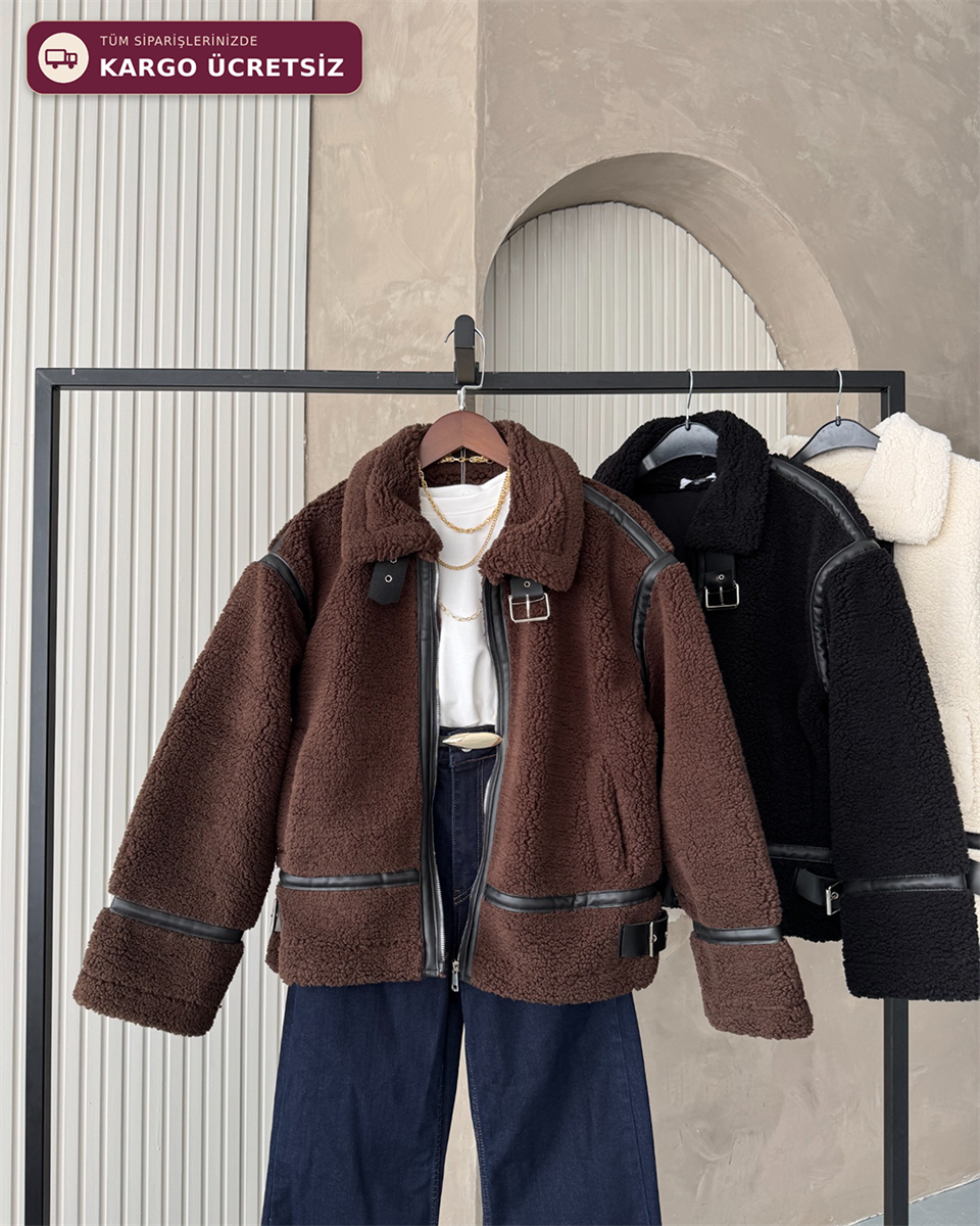 Dolly Deri Biyeli Oversize Kahverengi Peluş Mont
