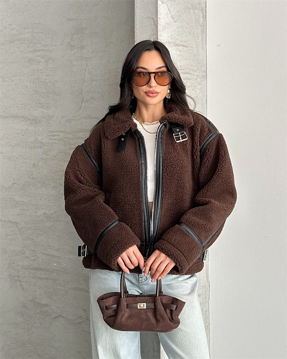 Dolly Deri Biyeli Oversize Kahverengi Peluş Mont