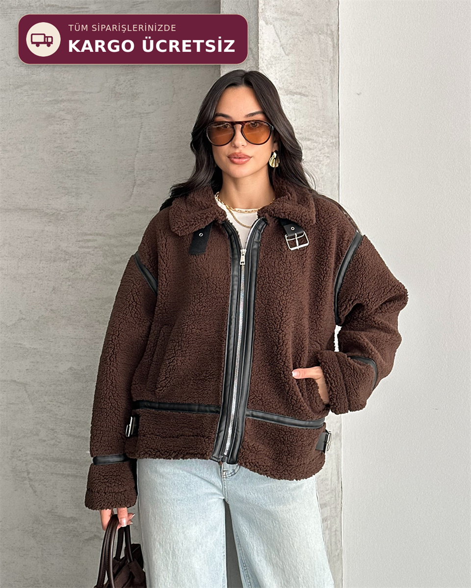 Dolly Deri Biyeli Oversize Kahverengi Peluş Mont