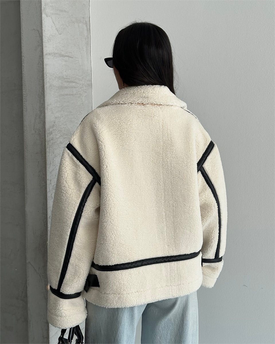 Dolly Deri Biyeli Oversize Peluş Mont
