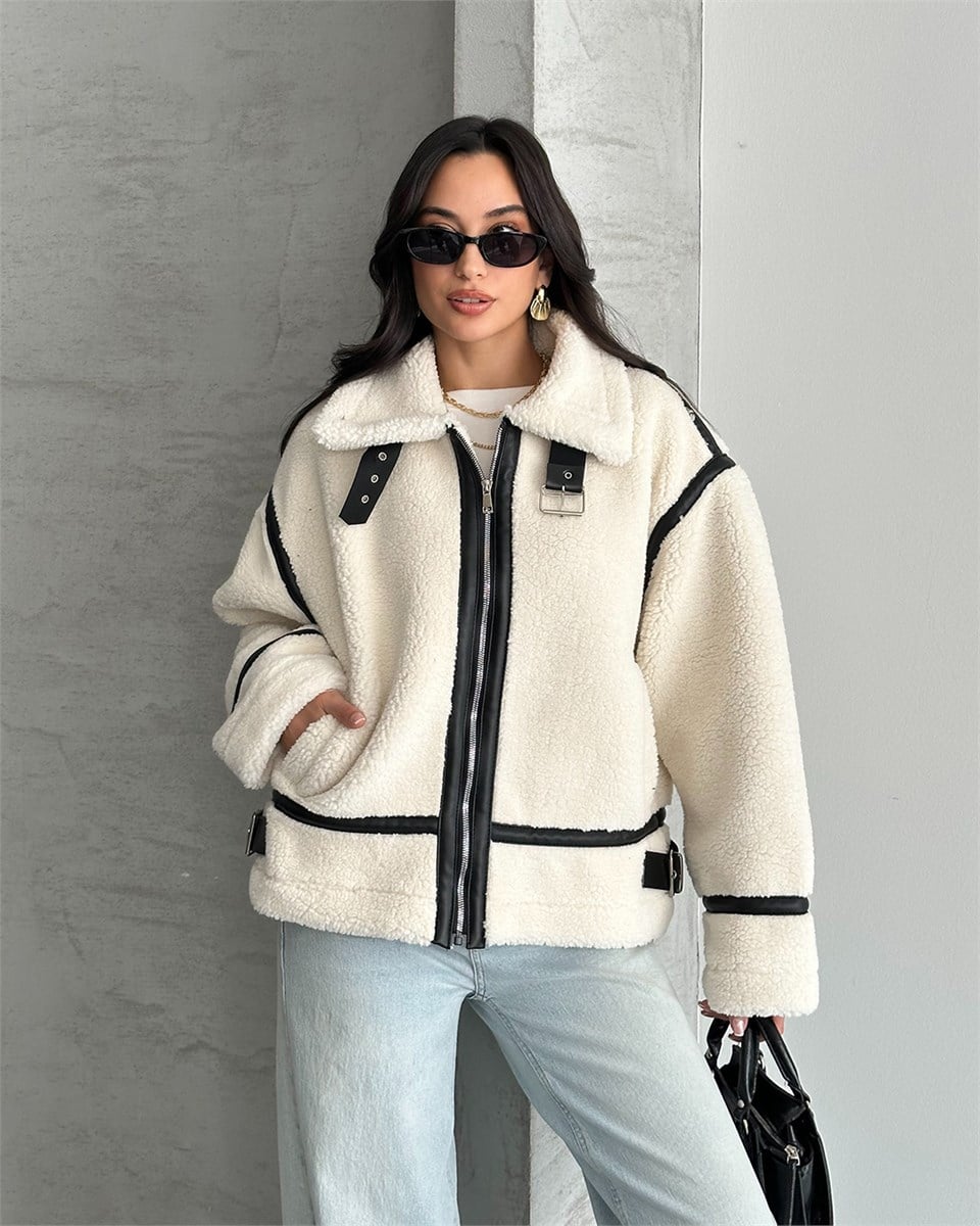 Dolly Deri Biyeli Oversize Peluş Mont