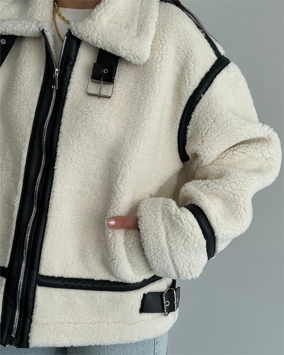 Dolly Deri Biyeli Oversize Peluş Mont