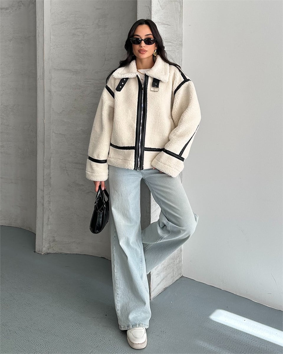 Dolly Deri Biyeli Oversize Peluş Mont