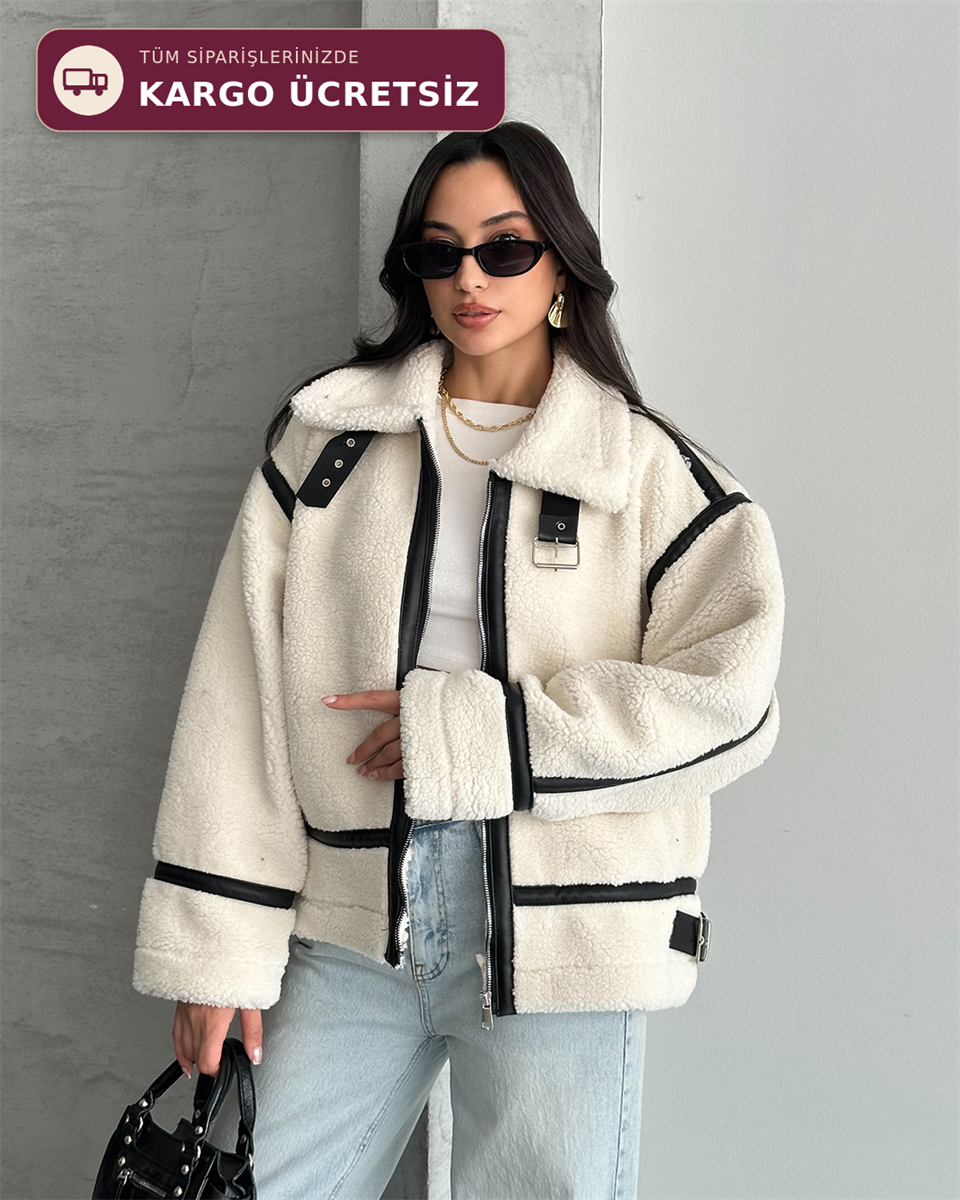 Dolly Deri Biyeli Oversize Peluş Mont
