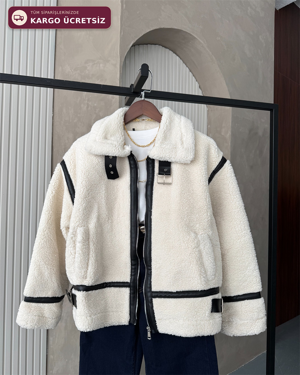 Dolly Deri Biyeli Oversize Peluş Mont
